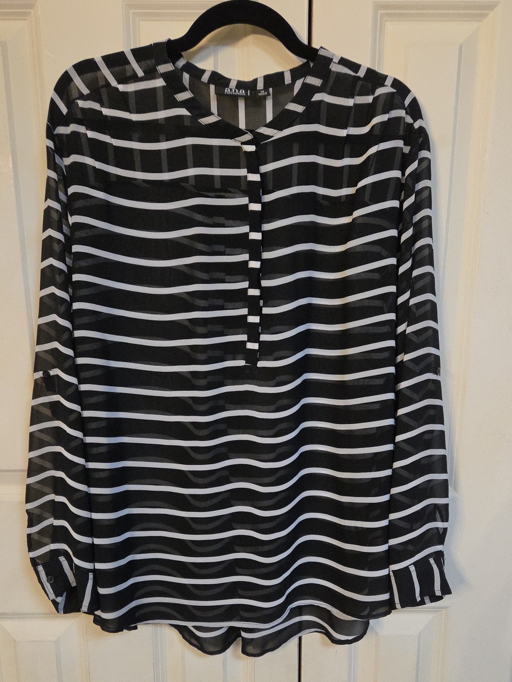 a.n.a Black and White Striped Long Sleeve Henley Blouse